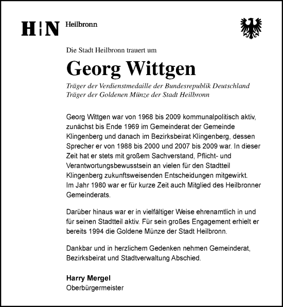 Traueranzeige von Georg Wittgen von GESAMT