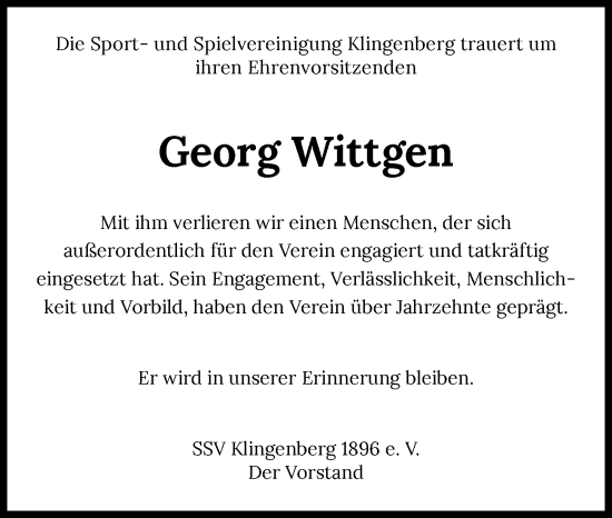 Traueranzeige von Georg Wittgen von GESAMT