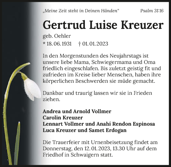 Traueranzeige von Gertrud Luise Kreuzer von GESAMT