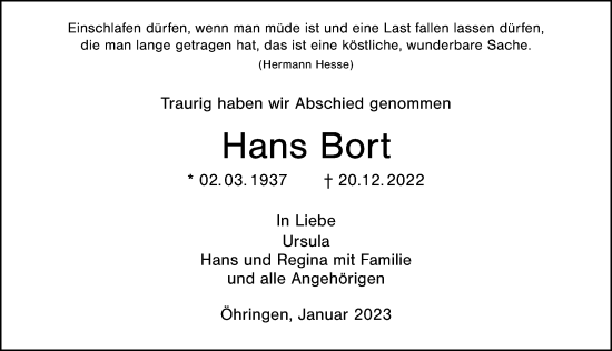 Traueranzeige von Hans Bort von GESAMT