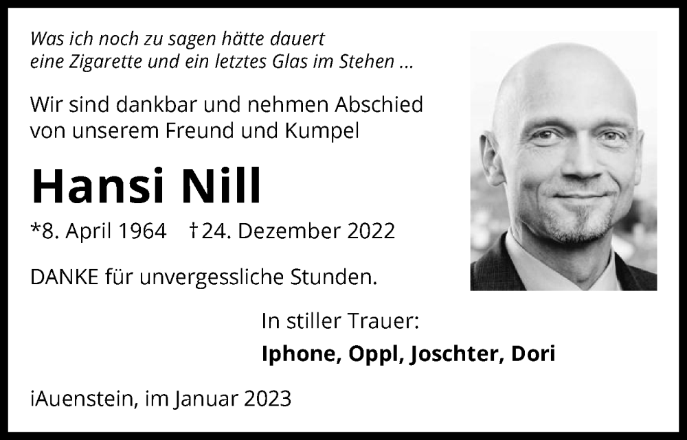  Traueranzeige für Hansi Nill vom 03.01.2023 aus GESAMT