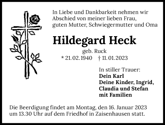 Traueranzeige von Hildegard Heck von GESAMT