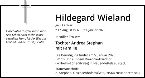 Traueranzeige von Hildegard Wieland von HZ