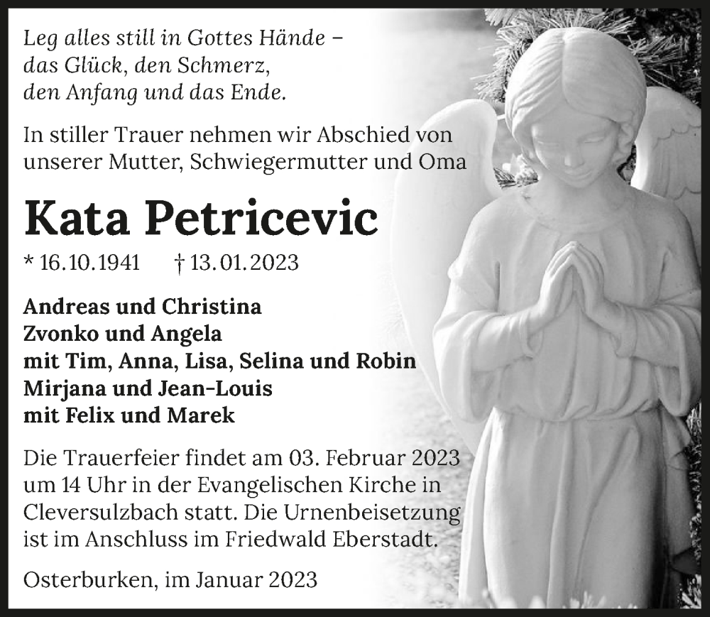  Traueranzeige für Kata Petricevic vom 28.01.2023 aus GESAMT