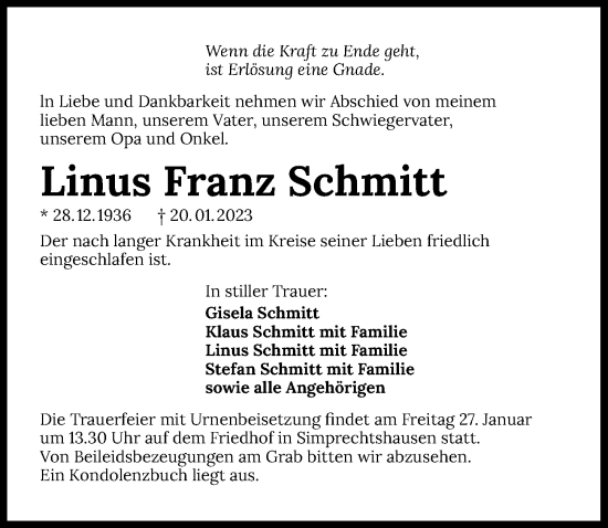 Traueranzeige von Linus Franz Schmitt von GESAMT