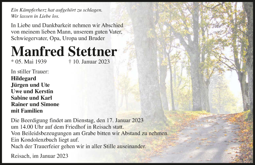  Traueranzeige für Manfred Stettner vom 14.01.2023 aus GESAMT
