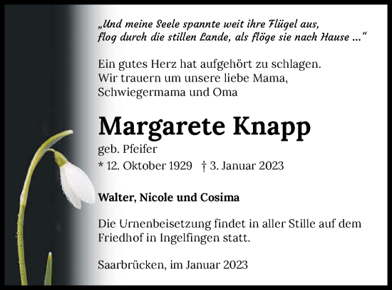 Traueranzeige von Margarete Knapp von GESAMT