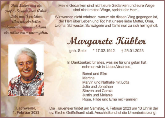 Traueranzeige von Margarete Kübler von GESAMT