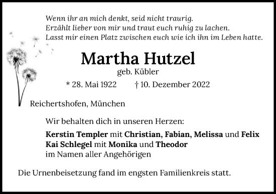 Traueranzeige von Martha Hutzel von GESAMT