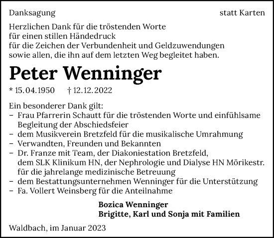 Traueranzeige von Peter Wenninger von GESAMT