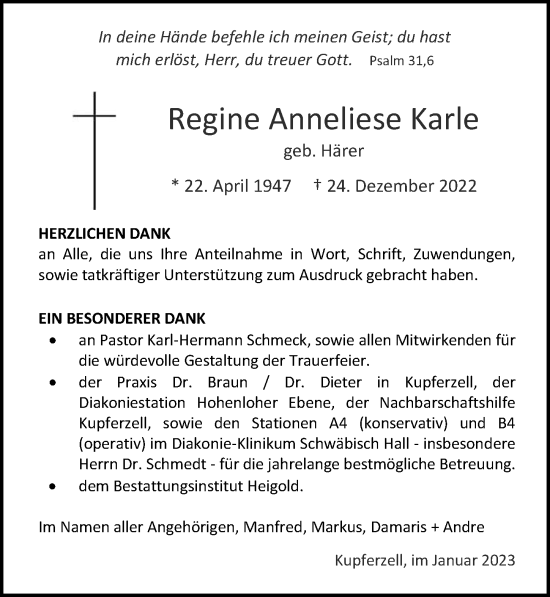 Traueranzeige von Regine Anneliese Karle von GESAMT