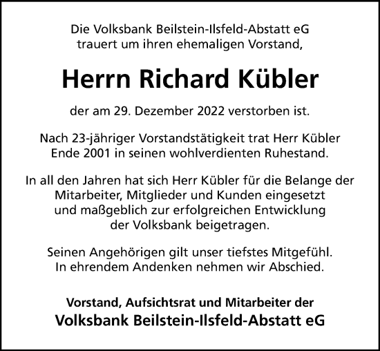 Traueranzeige von Richard Kübler von GESAMT