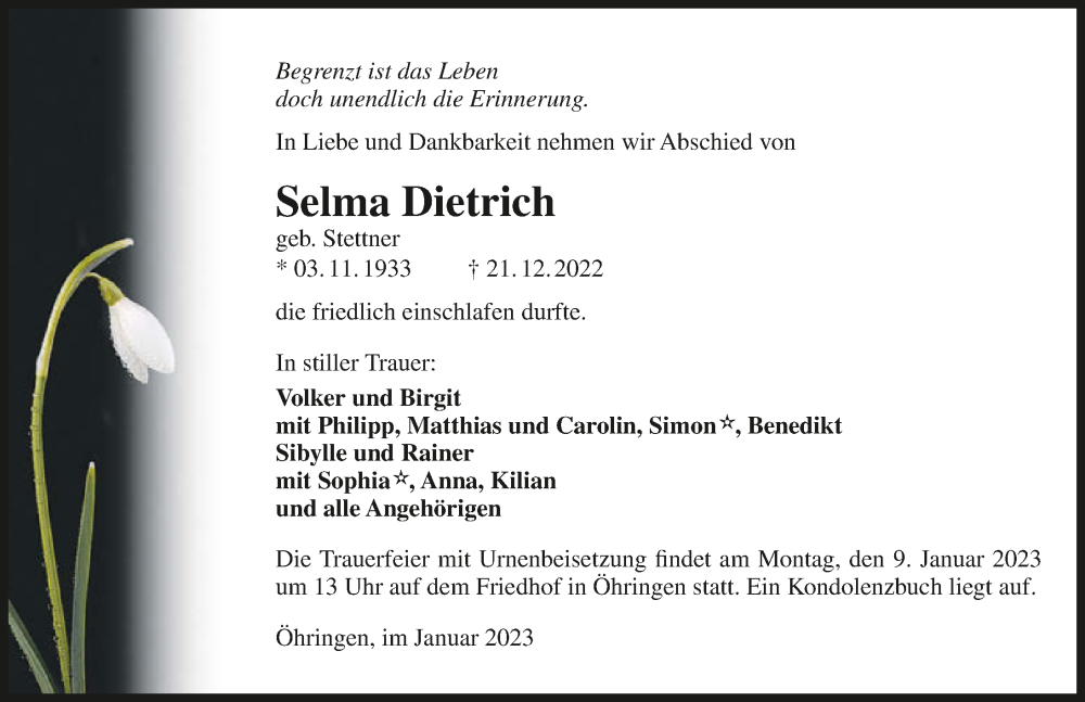  Traueranzeige für Selma Dietrich vom 02.01.2023 aus GESAMT