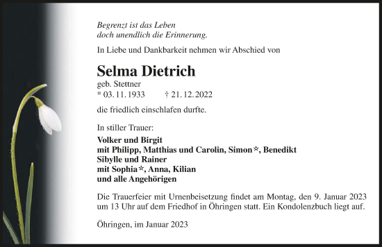 Traueranzeige von Selma Dietrich von GESAMT