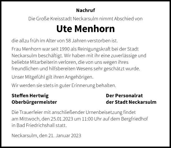 Traueranzeige von Ute Menhorn von GESAMT