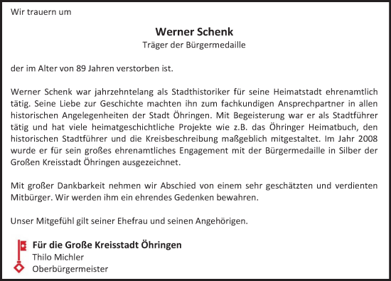 Traueranzeige von Werner Schenk von HZ