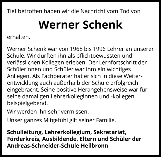 Traueranzeige von Werner Schenk von GESAMT