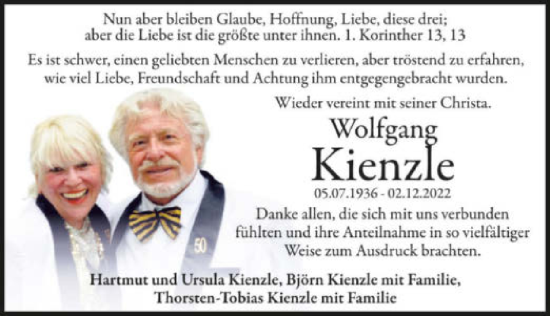 Traueranzeige von Wolfgang Kienzle von GESAMT