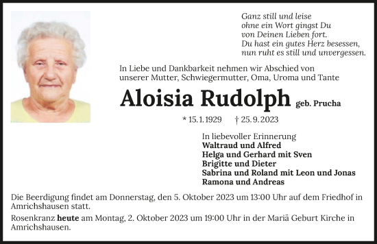 Traueranzeige von Aloisia Rudolph von GESAMT