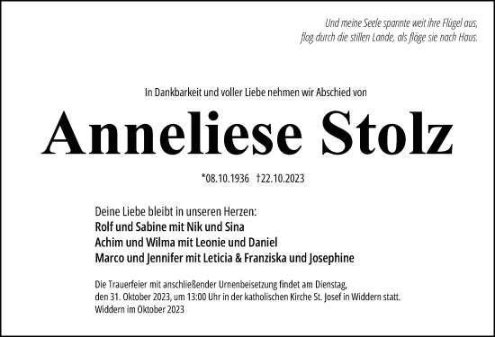 Traueranzeige von Anneliese Stolz von GESAMT