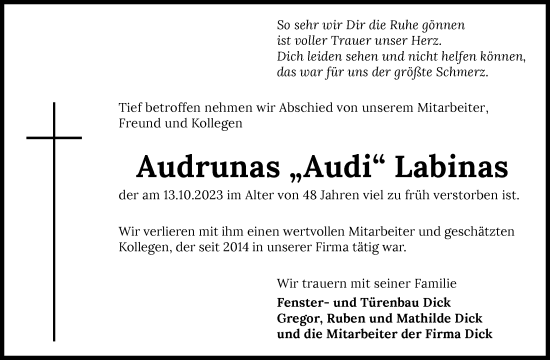 Traueranzeige von Audrunas Labinas von GESAMT