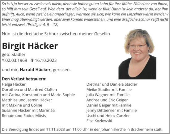 Traueranzeige von Birgit Häcker von GESAMT