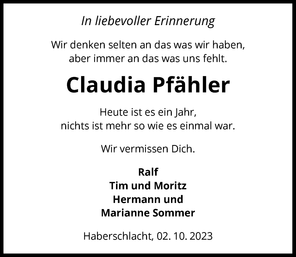  Traueranzeige für Claudia Pfähler vom 02.10.2023 aus GESAMT