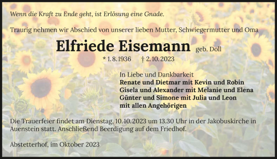 Traueranzeige von Elfriede Eisemann von GESAMT