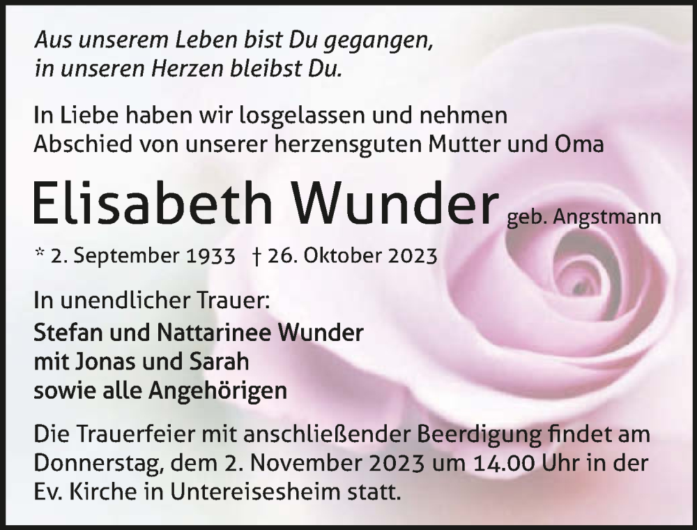  Traueranzeige für Elisabeth Wunder vom 28.10.2023 aus GESAMT