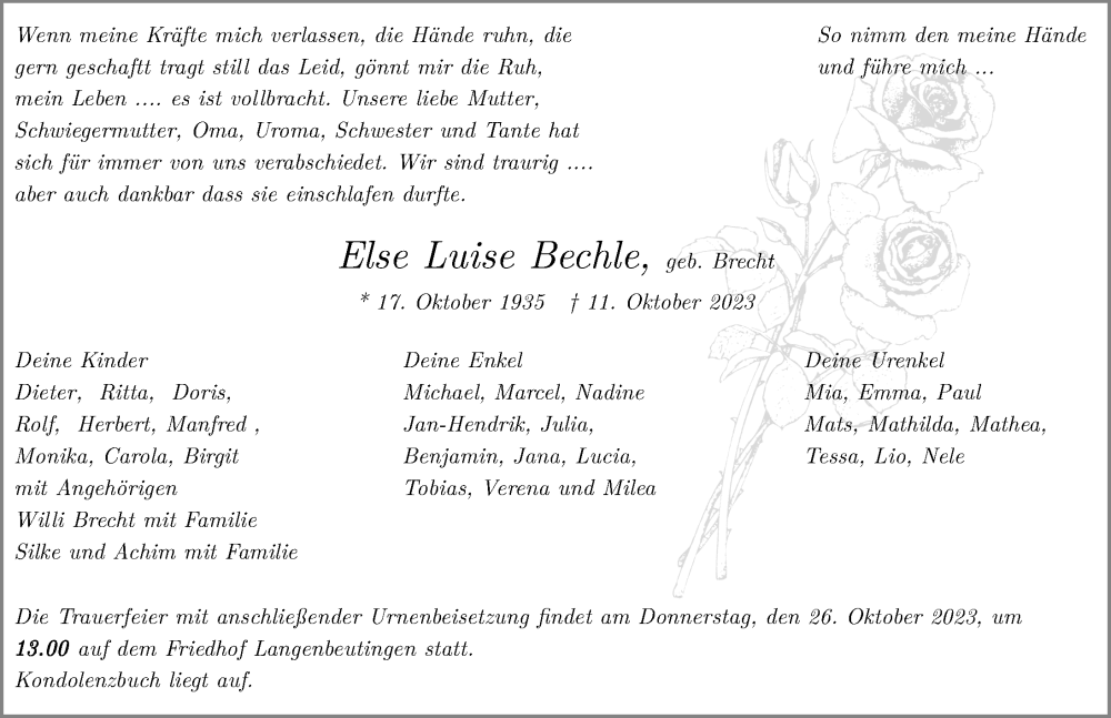  Traueranzeige für Else Luise Bechle vom 21.10.2023 aus GESAMT