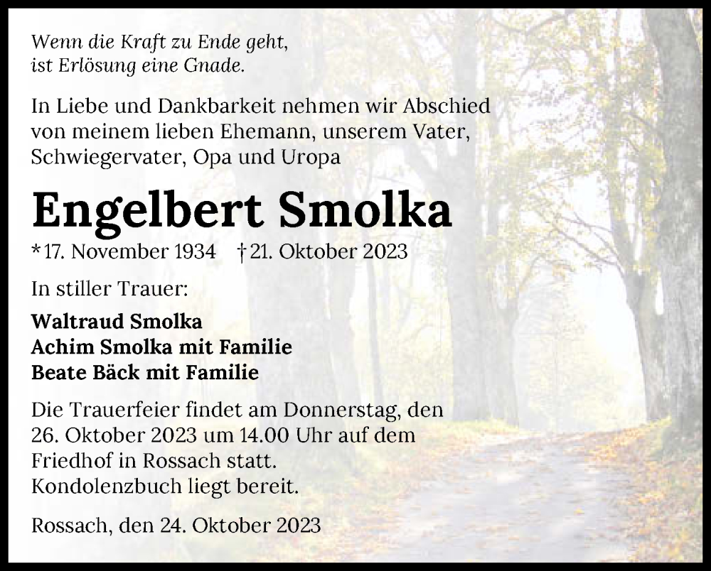  Traueranzeige für Engelbert Smolka vom 24.10.2023 aus GESAMT