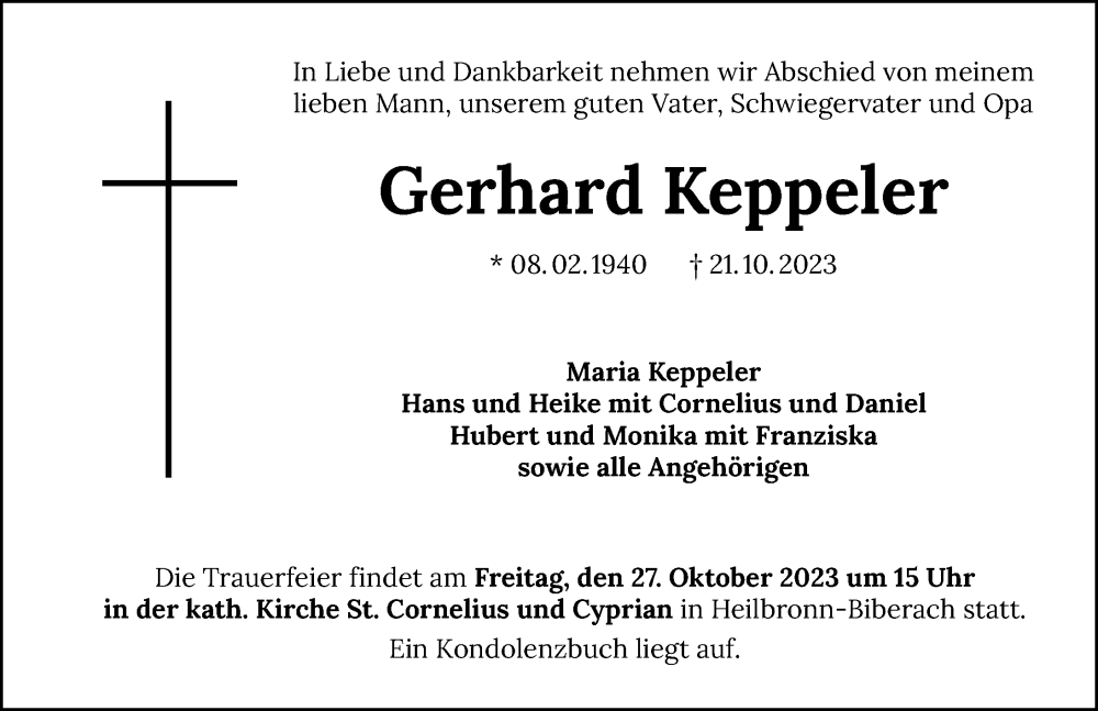  Traueranzeige für Gerhard Keppeler vom 25.10.2023 aus GESAMT