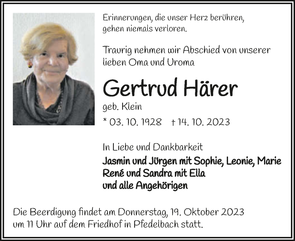  Traueranzeige für Gertrud Härer vom 17.10.2023 aus GESAMT