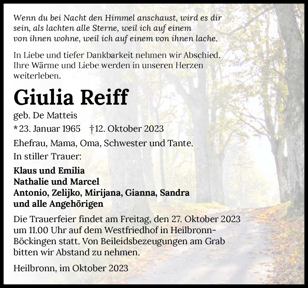  Traueranzeige für Giulia Reiff vom 18.10.2023 aus GESAMT