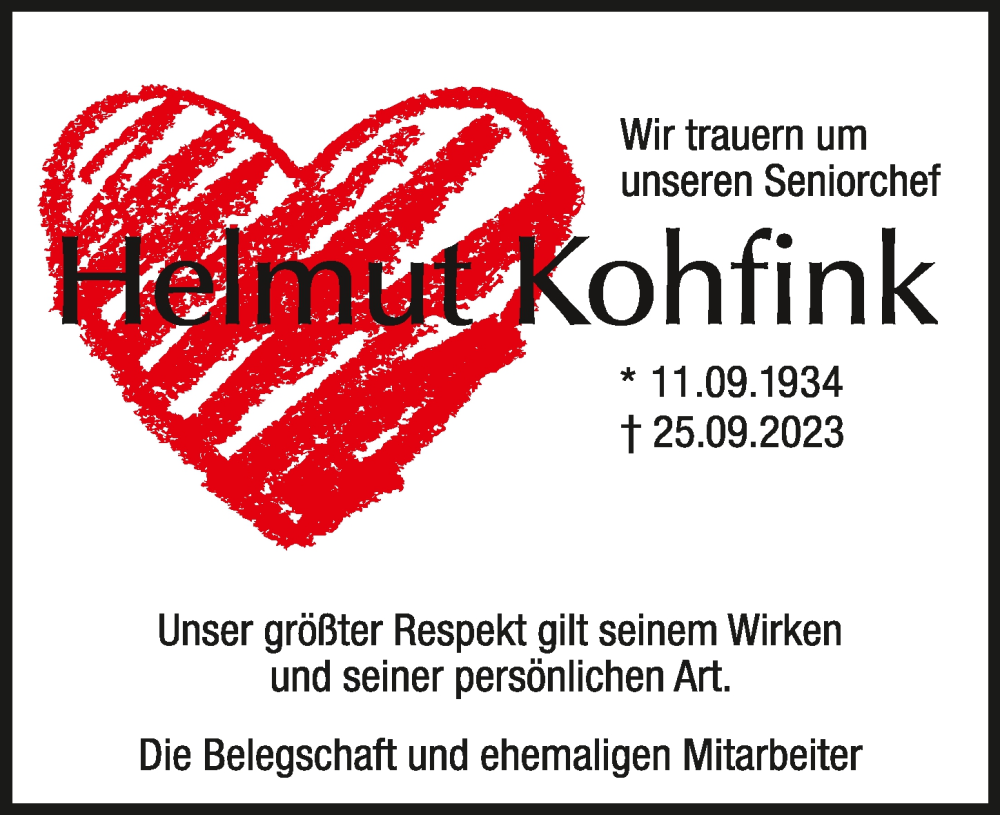  Traueranzeige für Helmut Kohfink vom 11.10.2023 aus GESAMT