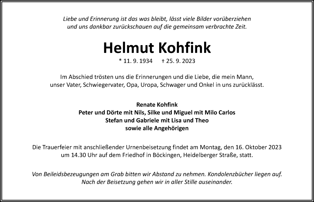 Traueranzeige für Helmut Kohfink vom 11.10.2023 aus GESAMT