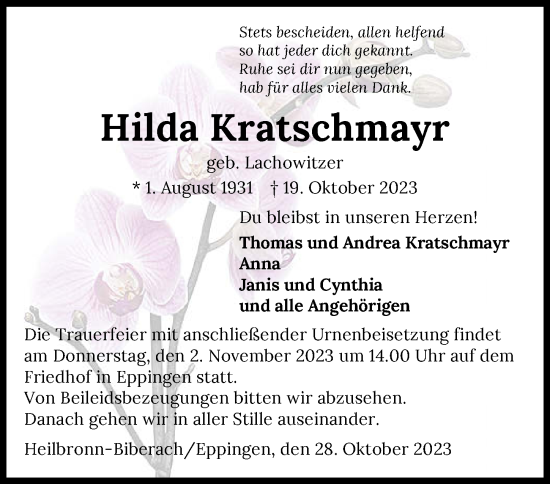 Traueranzeige von Hilda Kratschmayr von GESAMT