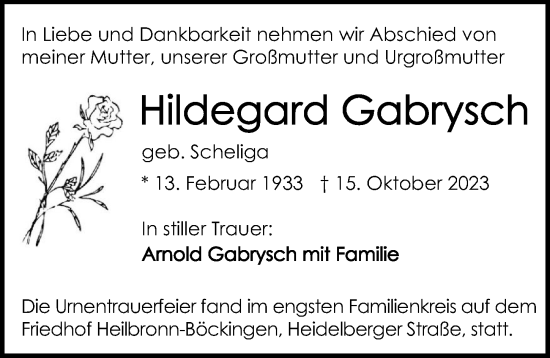 Traueranzeige von Hildegard Gabrysch