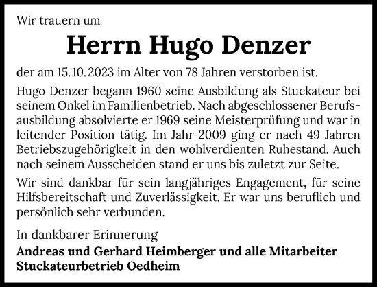 Traueranzeige von Hugo Denzer von GESAMT