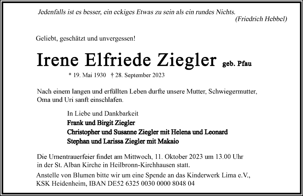  Traueranzeige für Irene Elfriede Ziegler vom 07.10.2023 aus GESAMT