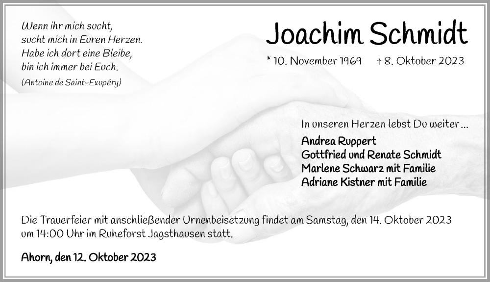  Traueranzeige für Joachim Schmidt vom 12.10.2023 aus GESAMT