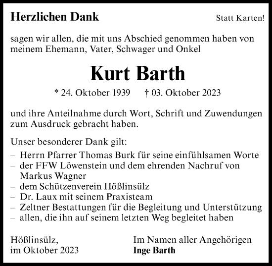 Traueranzeige von Kurt Barth von GESAMT