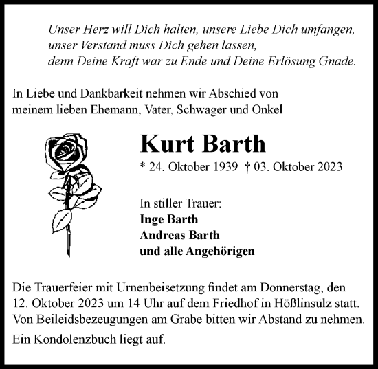 Traueranzeige von Kurt Barth von GESAMT