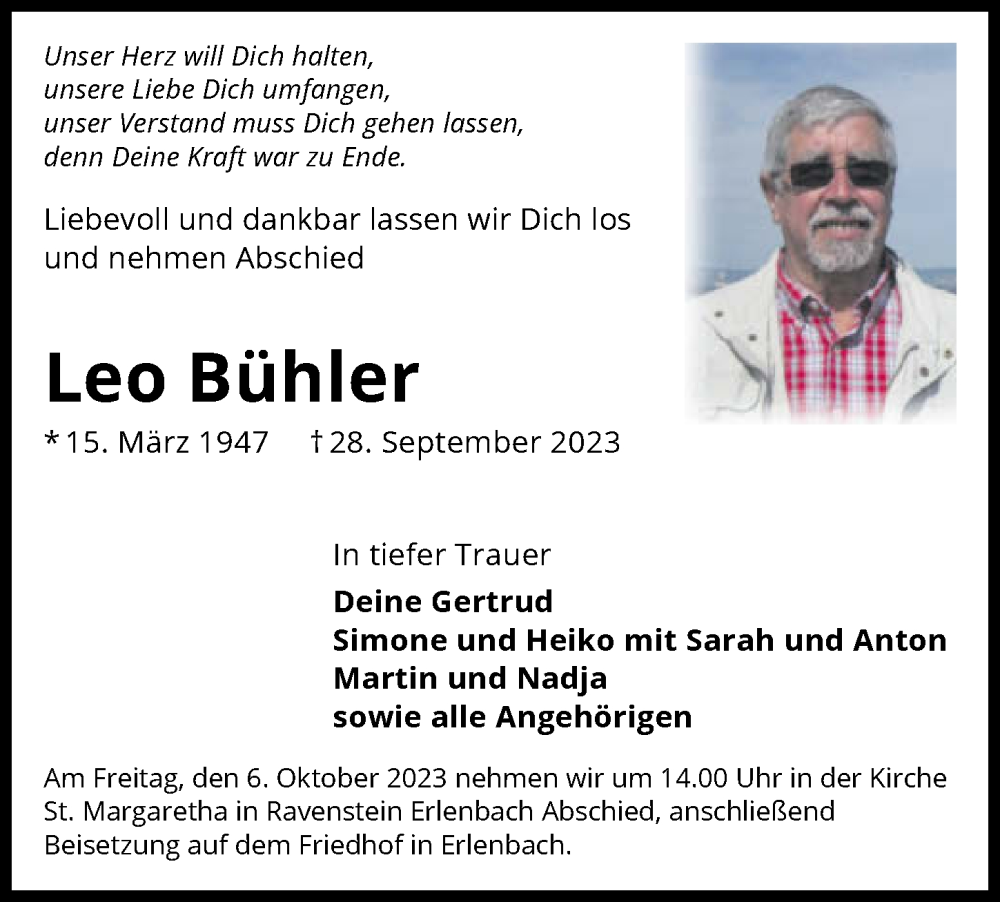  Traueranzeige für Leo Bühler vom 05.10.2023 aus GESAMT