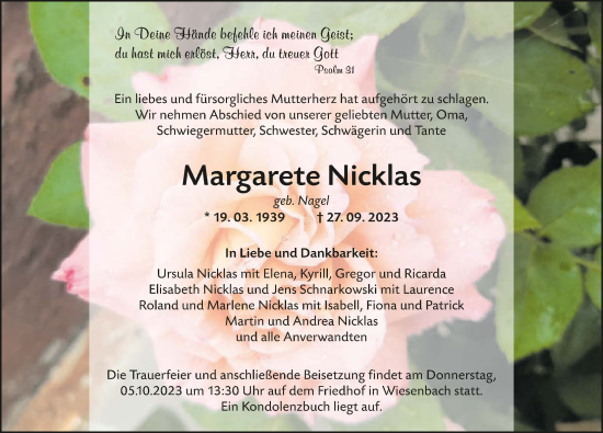 Traueranzeige von Margarete Nicklas von GESAMT