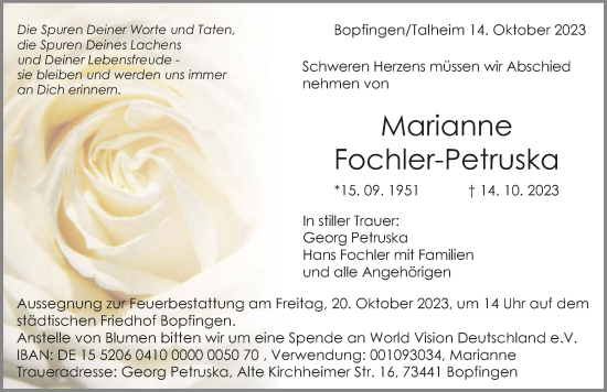 Traueranzeige von Marianne Fochler-Petruska von GESAMT