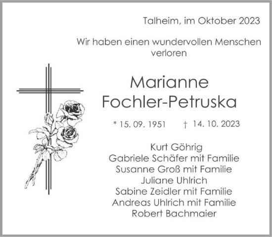 Traueranzeige von Marianne Fochler-Petruska von GESAMT