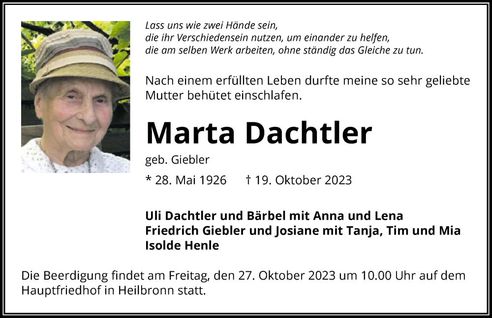  Traueranzeige für Marta Dachtler vom 24.10.2023 aus GESAMT