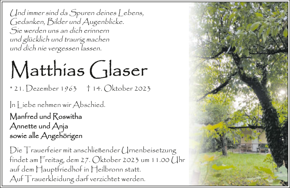 Traueranzeige für Matthias Glaser vom 21.10.2023 aus GESAMT