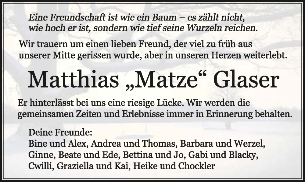  Traueranzeige für Matthias Glaser vom 21.10.2023 aus GESAMT